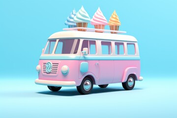 Illustration of vintage van with ice cream on roof in pastel colors on blue backgrond. Pink Ice Cream Trucks