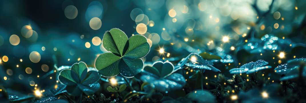 St. Patrick's day banner with clover leaves and bokeh. Banner 3:1