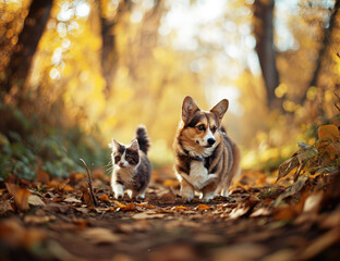 dog and cat in the woods