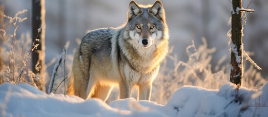 Obraz premium Finland's gray wolf, Canis lupus, in its natural habitat, observing potential prey during early winter on a meadow near the forest.
