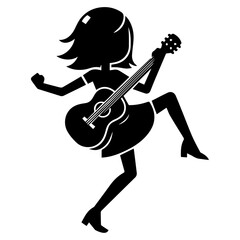 minimal Comic girl Dancing with Guitar funny flat character vector silhouette, black color silhouette
