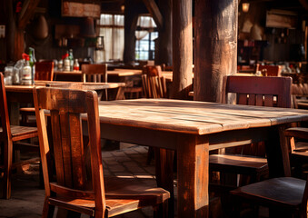 cozy rustic restaurant with wooden tables and chairs. Sunlight streams in, creating a warm, inviting space for dining