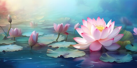 Beautiful pink lotus flowers in the pond. Banner 2:1