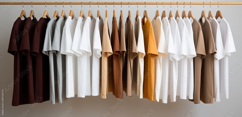 Wall mural Rows of white, light brown, brown and dark brown clothes were hung in the room. generative AI - Wall murals