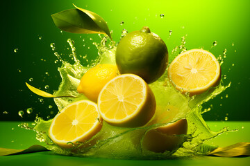 Fresh Lemons and limes falling with water splash on isolated green background
