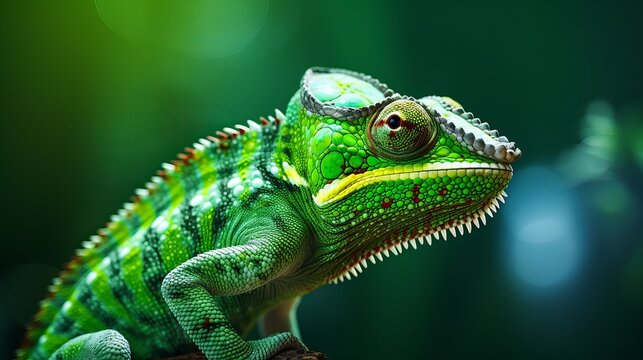 A picture of the green chameleon in the zoo with a close up.