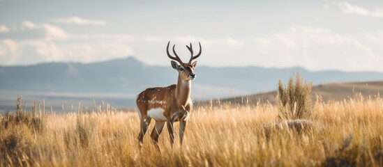 Pronghorn Antelope Buck outlined on a grassy hill - obrazy, fototapety, plakaty
