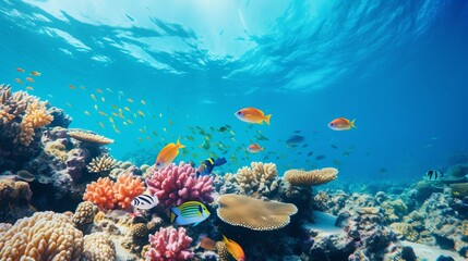 Fototapeta na wymiar A stunning picture of corals and fish swimming in the clear blue sea