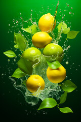 Fresh Lemons falling with water splash on isolated green background