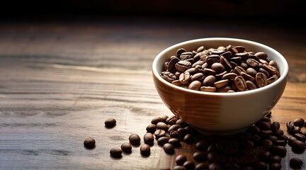Roasted coffee in a wooden bowl photographed on a wooden table. generative AI