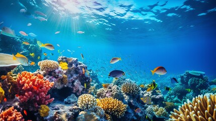 Naklejka na ściany i meble A stunning picture of corals and fish swimming in the clear blue sea