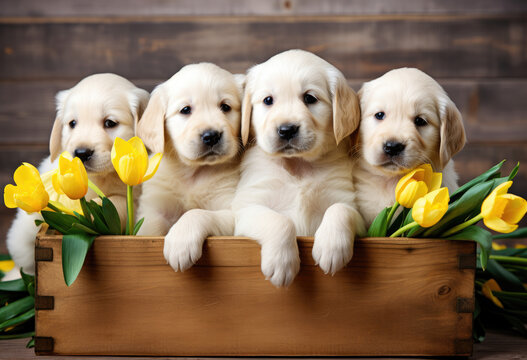 Cute puppies in a basket