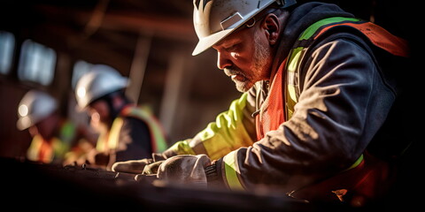 Industrial workers in safety vests and hard hats collaborating on a project. Generative Ai