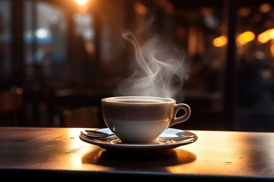 Hot coffee in the photo on a black background with a puff of smoke effect on it. generative AI