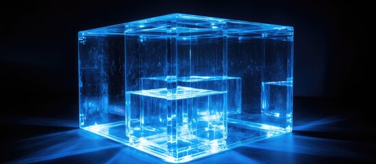Studio photography of a glass cube, illuminated in blue light, with a physics theme.