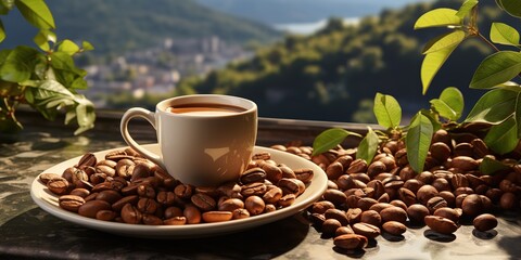 Obraz premium A cup of coffee on a plate containing roasted coffee beans. generative AI