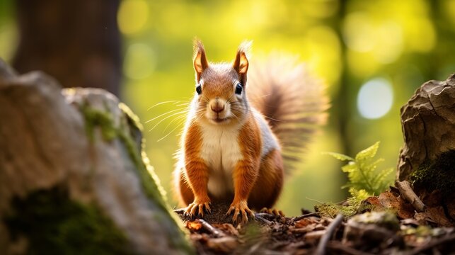 A stunning vertical close-up image of an observant squirrel in a forest.