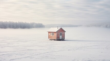 Ice fishing hut sits on snowy lake expanse.AI Generated
