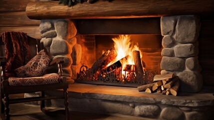 Cozy warmth emanates from the fireplace in the house.
