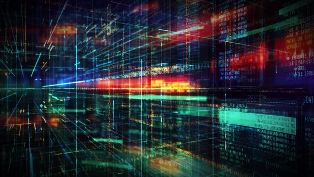 Animated 3D digital space filled with code.