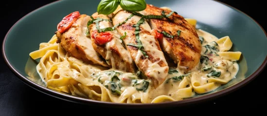 Fotobehang Creamy Tuscan Chicken with Spinach and Pasta © TheWaterMeloonProjec