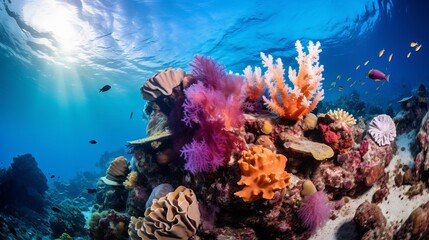 Naklejka na ściany i meble Corals and sponges are located within a tropical coral reef that is flourishing