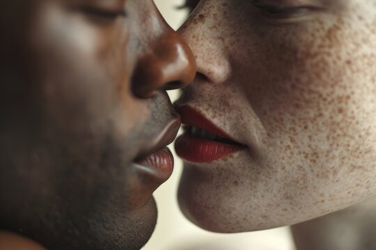 The power of a kiss, sexy beautiful red lips woman kissing seductive beard man, erotic, glamour, sensual closeup couple kiss
