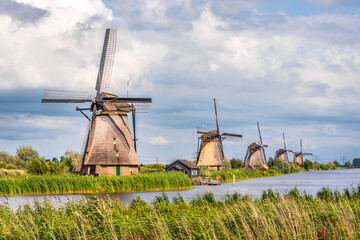 General view of the Overwaard windmills, part of the Kinderdijk mills  near Rotterdam, Netherlands,...