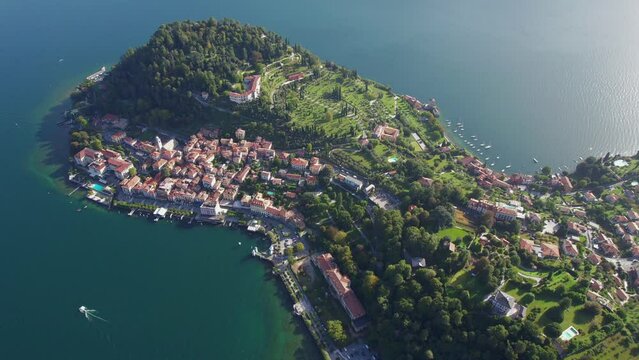 Aerial flyover above the Italian village of Bellagio on Lake Como in Italy