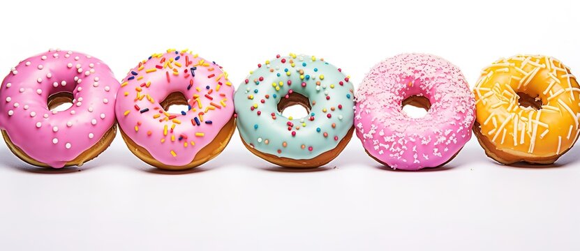 donuts of various flavors and colors on a white background. generative AI