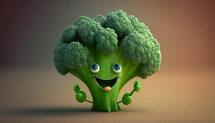 Cute broccoli 3D cartoon character. Generative AI.