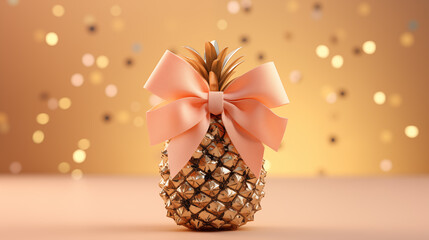 A pineapple with a pink bow is depicted on a peach background, golden confetti is scattered on the background