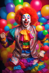 Fototapeta premium Intriguingly amusing clown man adorned in vibrant attire. An amusement source for both youngsters and grown-ups, this circus entertainer brings joy and laughter