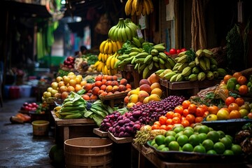 : A street-side fruit market, with piles of fresh produce and vibrant colors creating a lively and dynamic composition