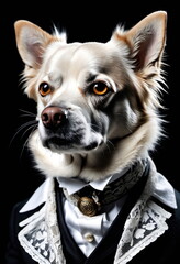 Portrait of a Dog in a black tailcoat and white lace bow. Victorian style.Black background.Creative designer art.