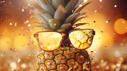 A pineapple with golden sunglasses , golden confetti falls from above