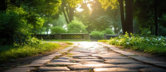 Stone pathway with blurred background and burst light in a green park. - obrazy, fototapety, plakaty
