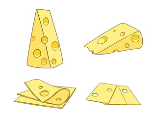 Set of Cheese Parts and Slices, Cartoon Vector Illustration on White Background