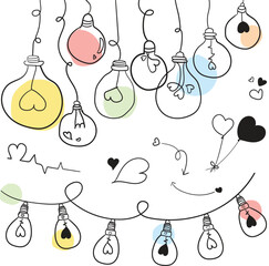 hand drawn sketch garlands with flags and light. christmas ,Valentines day , wedding and party celebration. sketch hearts. Simple, minimalistic .lights doodle Set of decorations.Design for home .