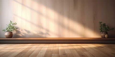 An empty room with a wooden floor with a spotlight effect from outside. generative AI