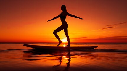 Fototapeta na wymiar A beautiful woman is silhouetted practicing yoga on a surfboard during sunrise.