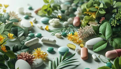 Fotobehang Alternative medicine herbal organic capsule drug with herbs leaf natural supplements for healthy good life. Multivitamins and supplements with green leaves nature background © annebel146