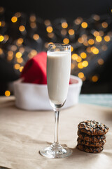 Background for New Year's Christmas cards. New Year's Eve, Cookies and milk, Christmas tradit.