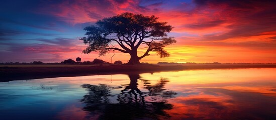 Scenic sunset with vibrant colors, water reflection, and tree silhouettes.