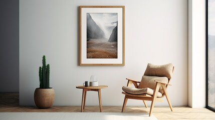 A scandinavian interior decor is complemented by a picture frame on the wall.