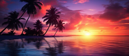 Tropical beach with palm trees silhouette during sunset. - obrazy, fototapety, plakaty