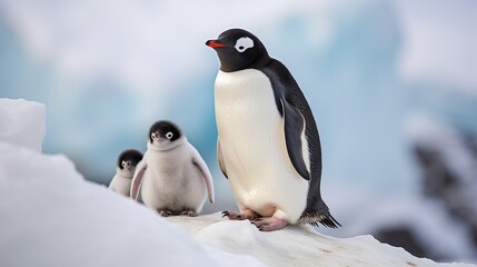 A shot with a specific focus that shows a penguin and her babies in antarctica