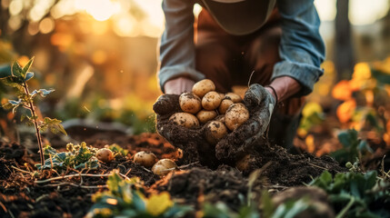 Farmer hands with freshly dug potatoes on the field. Selective focus. Close-up of a farmer's hands holding freshly dug potatoes in the garden. - obrazy, fototapety, plakaty