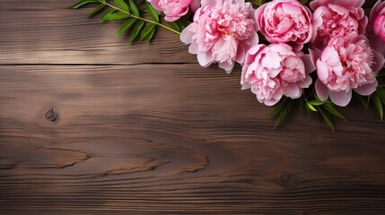 Fototapeta na wymiar Peony flowers in photo on wooden table