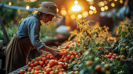 Farmer hand holding fresh organic cherry tomatoes in the field at sunset. Harvesting fresh organic cherry tomatoes in a farm.  - obrazy, fototapety, plakaty